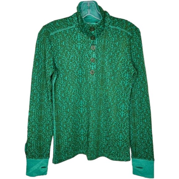 Kavu Sweaters - KAVU Lopez Jacquard Button Up High Neck Pullover Sweater - Green/Black - S